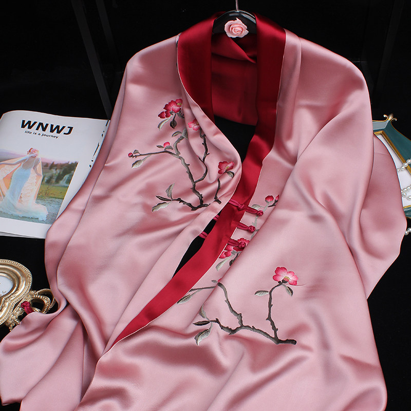 重磅丝绸真丝刺绣围巾中老年女桑蚕丝苏绣高档盘扣披肩丝巾民族风