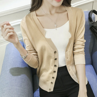 复古铜扣小众潮流气质装 春秋女装 V领开衫 长袖 纯色针织衫