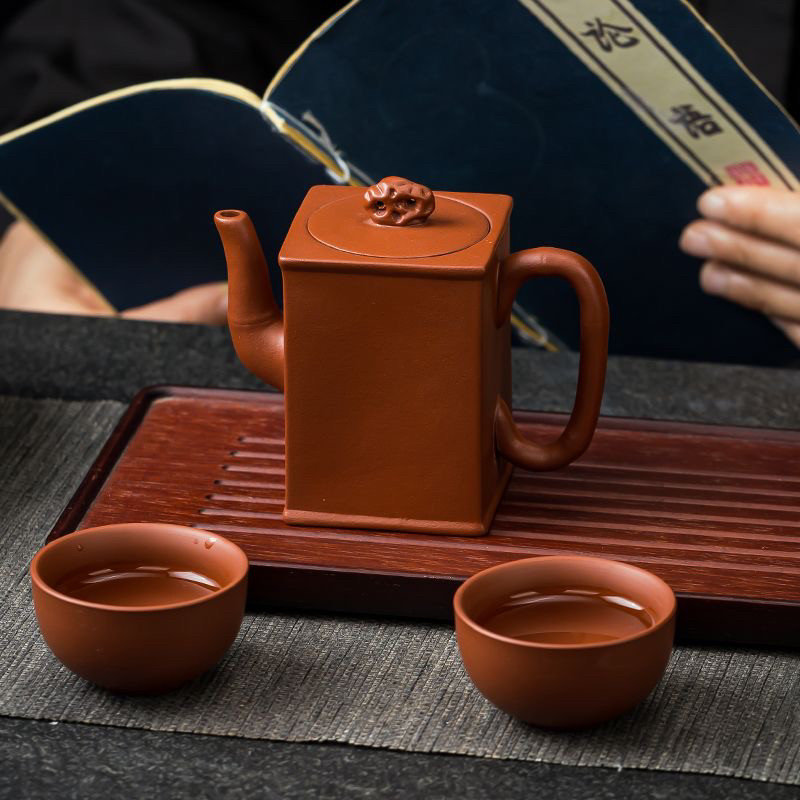 朱泥大红袍四方竹节手工原矿紫砂茶壶