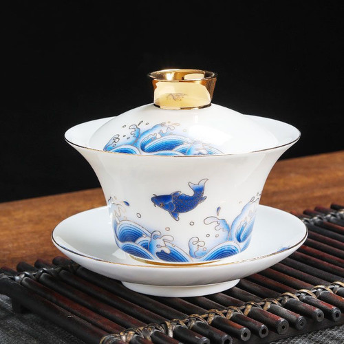 高档羊脂玉海浪茶壶盖碗陶瓷功夫茶具冲茶器手工绘描金家用三才碗