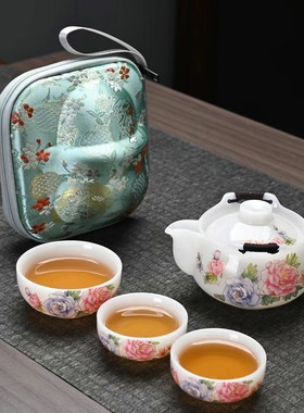 璞玉冰种白瓷快客杯露营便携旅行茶具国色天香一壶三杯泡茶壶茶杯