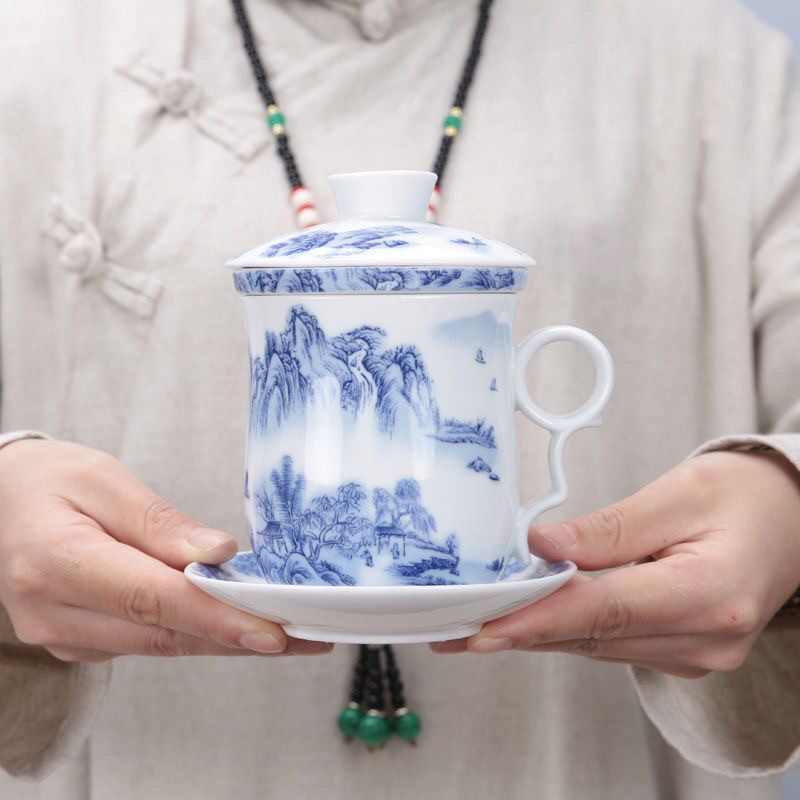 山水青花瓷茶杯陶瓷过滤杯家用办公室喝茶杯子带盖子茶水分离泡茶