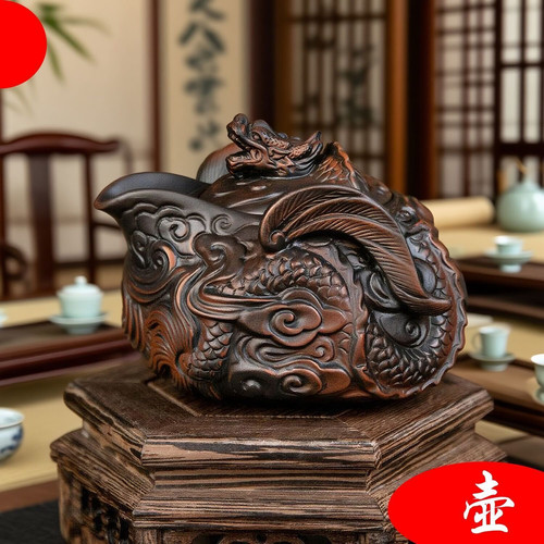 紫陶全手工堆雕飞龙手抓壶云南建水旅行泡茶一壶两杯功夫茶具套装