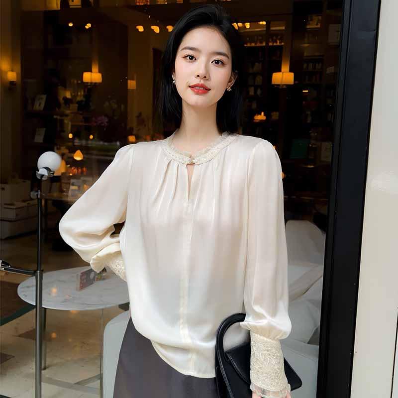 重磅真丝欧根纱领口钉珠衬衫2025春装新款刺绣百搭女士气质上衣