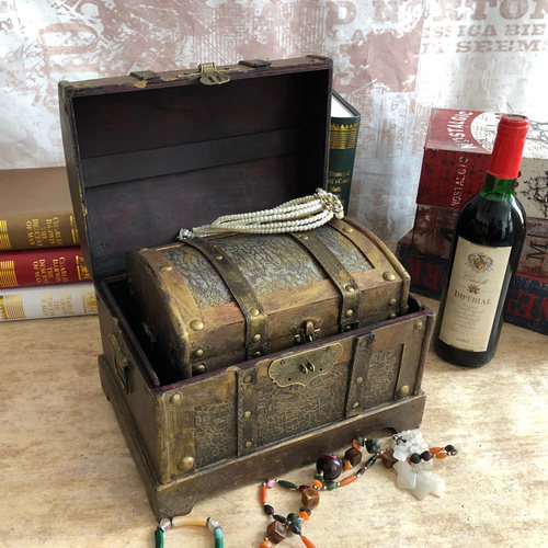 仿古木质黄金藏宝箱做旧复古配锁