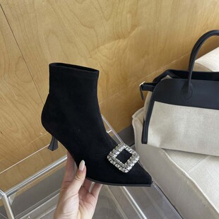 尖头短靴女2025秋冬新款瘦瘦靴细跟高跟鞋女水钻方口短筒女靴子