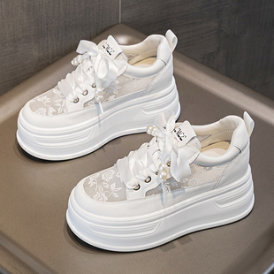 厚底真皮网面刺绣丝带珍珠小白鞋 休闲松糕内增高 女夏2024新款 夏季