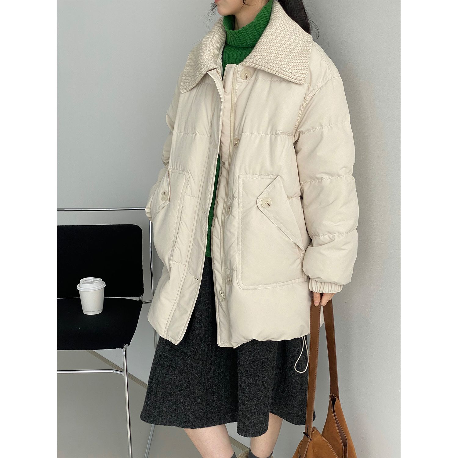 韩系加厚针织领白鸭绒女羽绒服
