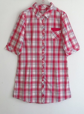 康妮雅家居服休闲睡衣全棉格子衬衫领开胸中袖薄女睡裙62516特价