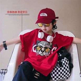 颜色正 男童纯棉红色短袖T恤2024年夏季新款童装儿童虎头上衣 潮