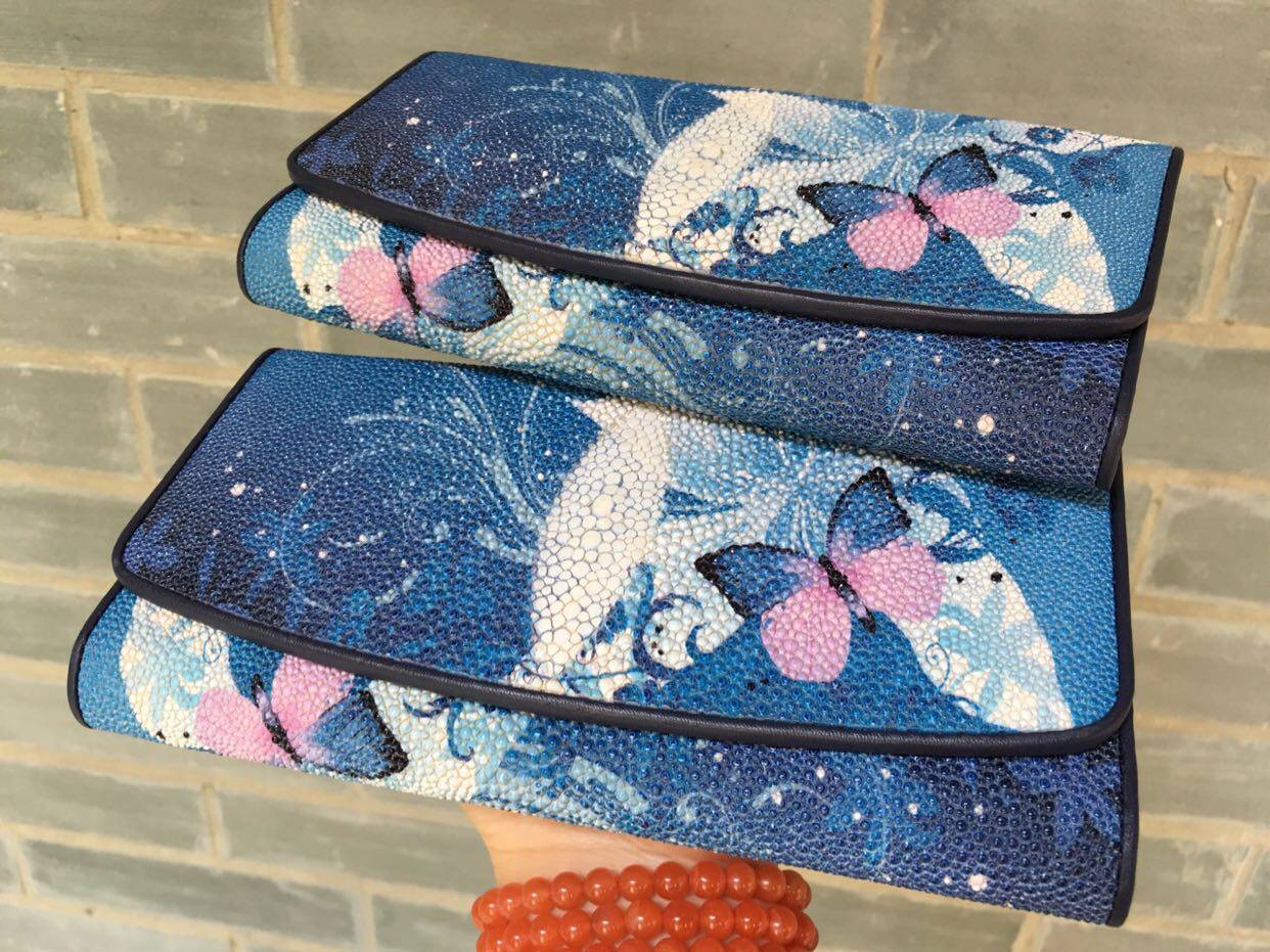 正品珍珠鱼皮三折长款钱包 女士手拿包多卡位魔鬼鱼皮皮钱夹