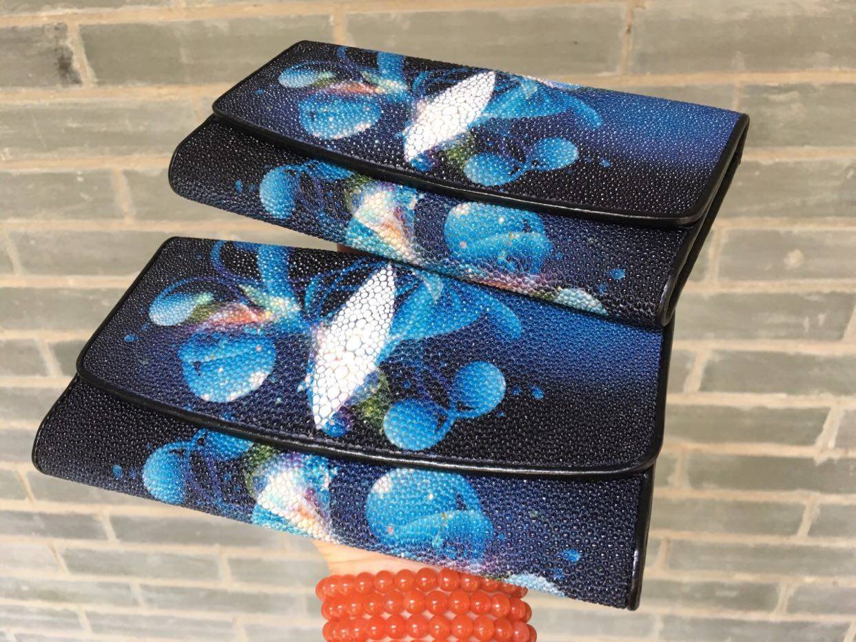 正品珍珠鱼皮钱夹 长款3折魔鬼鱼皮钱包 真皮票夹 女式大钞夹