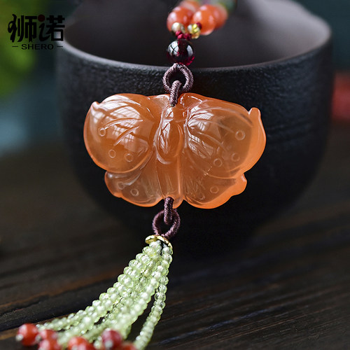 红水晶蝴蝶吊坠挂件毛衣链红兔毛