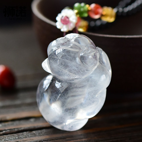 白兔毛生肖猪吊坠项链原石水晶挂坠十二属相本命年饰品吉祥物