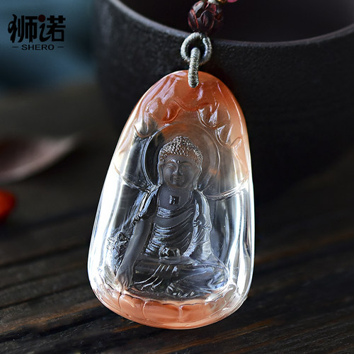 红兔毛水晶佛公吊坠天然红发晶项链俏雕佛挂件毛衣链饰品礼物