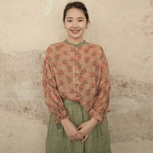 复古文艺新中式撞色宽松衬衫女国风抽绳喇叭袖纯苎麻开衫禅意上衣