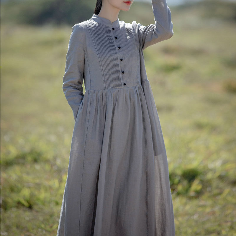 春秋款 纯苎麻双层连衣裙女长款 文艺立领重工风琴褶a字修身长裙