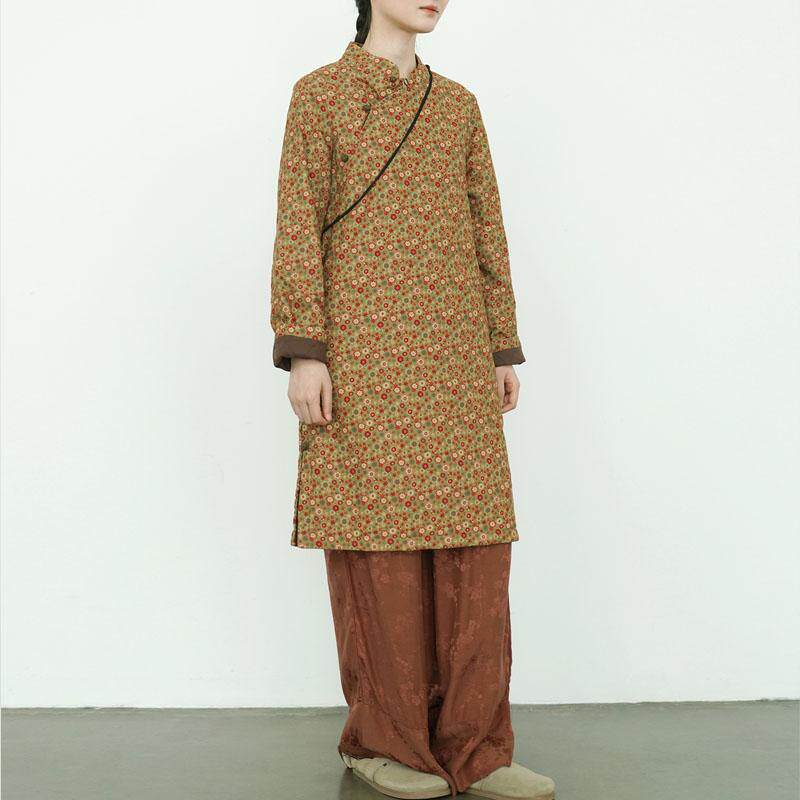 原创冬季纯棉磨毛印花夹棉旗袍 新中式过年氛围加厚中长款连衣裙