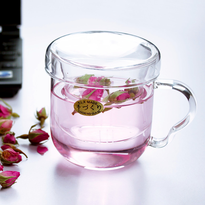 手工玻璃三件杯带盖子花草茶杯耐高温水杯子手柄杯透明玻璃马克杯