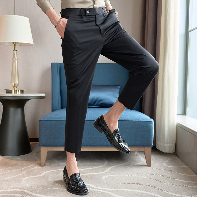 西裤男夏季薄款冰丝男士休闲裤弹力修身直筒商务正装九分裤子男