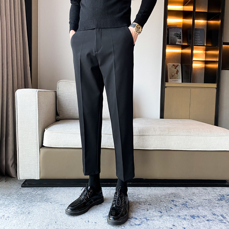 秋冬黑色弹力西裤男修身显瘦窄版直筒裤高级感商务正装加绒西装裤