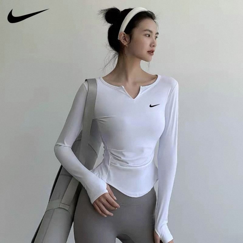 耐克nike运动t恤女收腰显瘦V领上衣跑步训练长袖普拉提健身瑜伽服