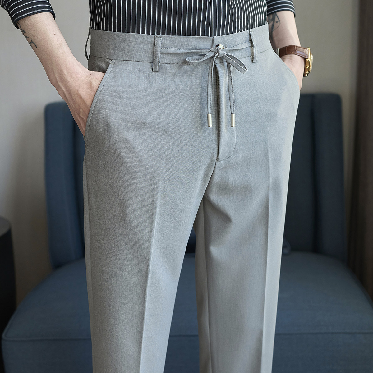 春夏小直筒西裤9分裤男配系绳简约休闲ZK537-P65灰色（98），男装西裤，电商A159