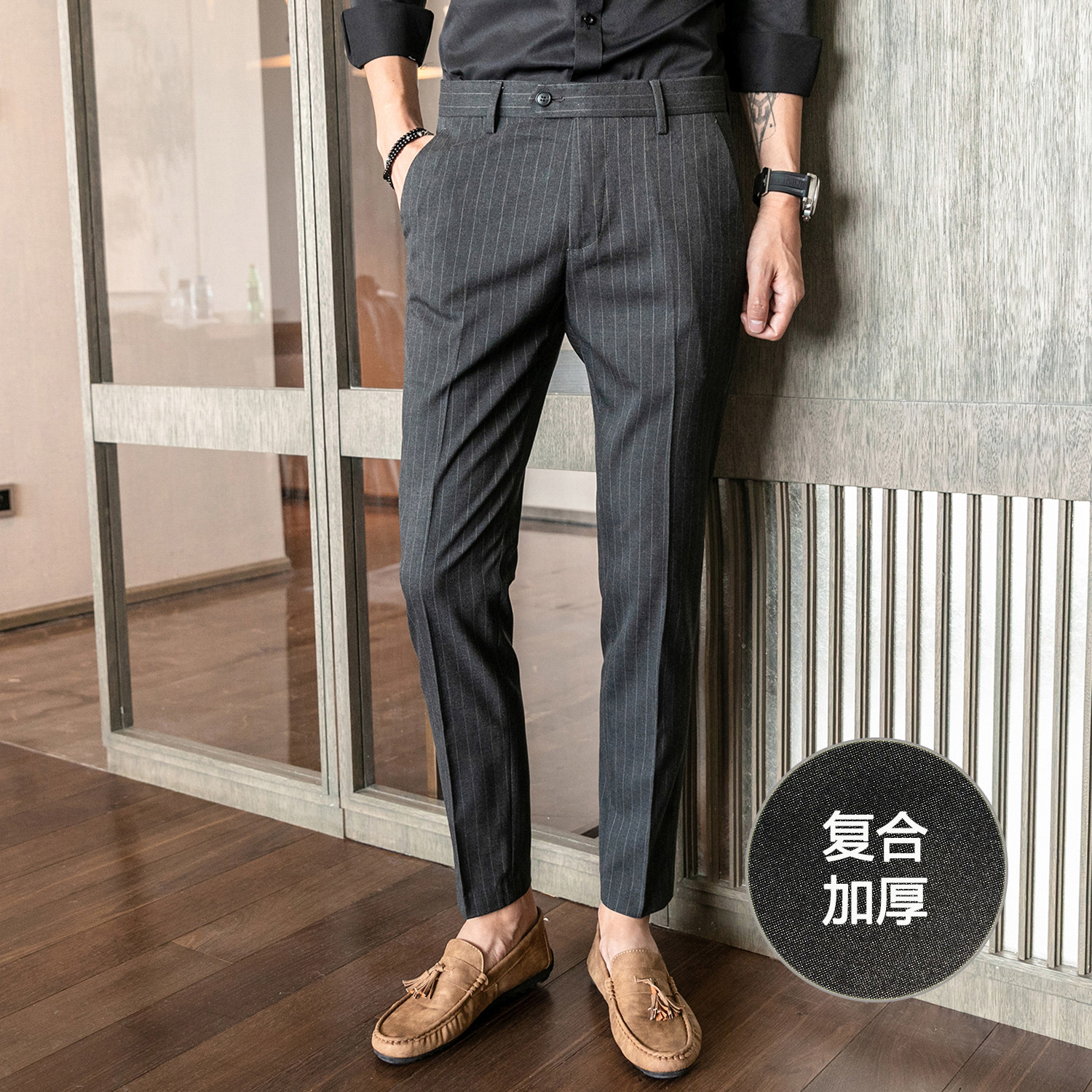 冬款复合加厚条纹西裤修身休闲裤K909加厚-P70黑色（118）,男装西裤,电商A159