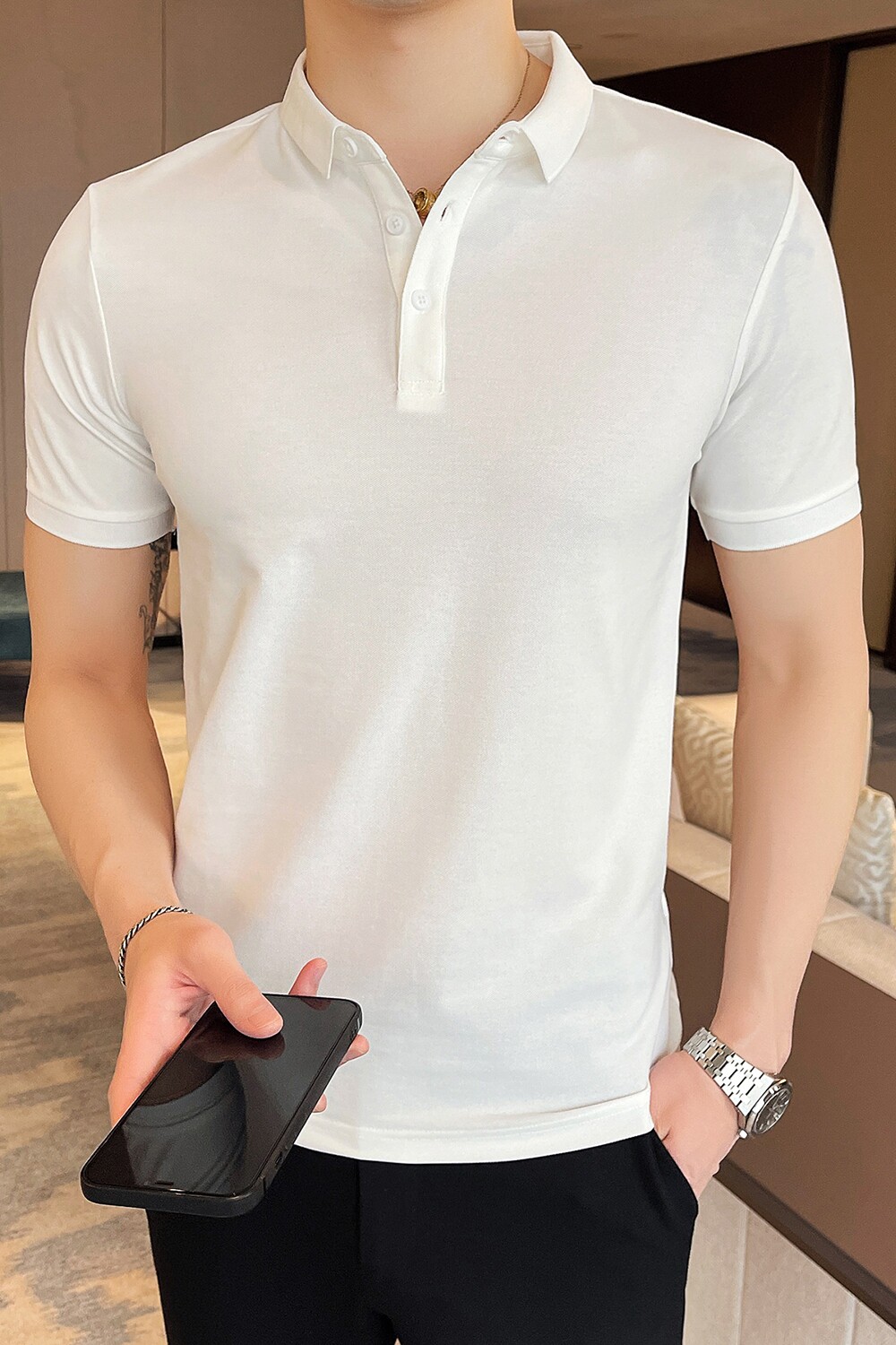 夏季修身短袖POLO衫休闲翻领T恤潮流型男蓝色Y02-P45,男装T恤,电商A159
