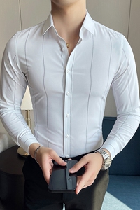 春秋男士商务修身长袖衬衫  免烫抗皱条纹衬衫  灰色Y25-P35特批图片