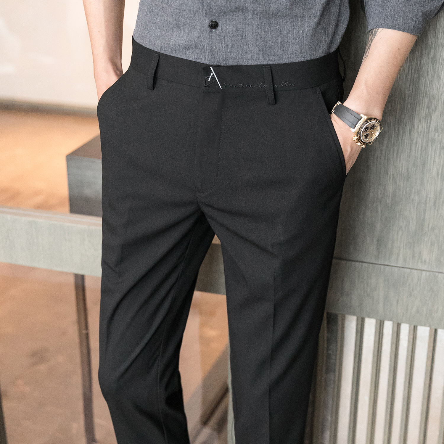 春夏韩版纯色西裤修身9分裤K655-P50黑色（控价88），男装休闲裤，电商A159