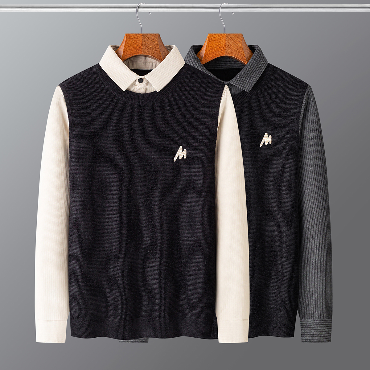 2025秋冬衬衫领套头保暖毛衣假两件二色Y269-P50一口价（98），男装针织衫/毛衣，电商A159