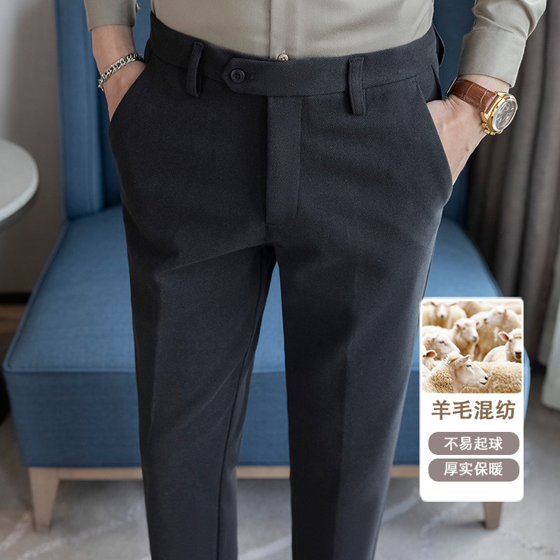 冬款纯色羊毛毛呢长裤 小直筒休闲裤 黑色ZK9012-P75 (118）图片