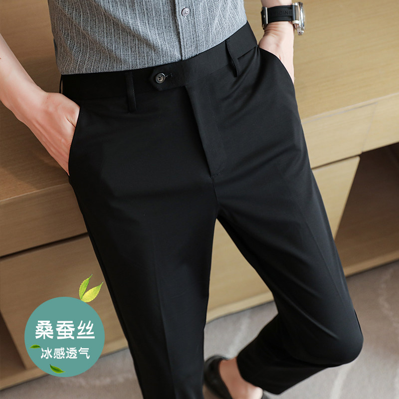 春夏修身高弹西裤冰丝9分裤黑色K781-P68北辰风（108）图片