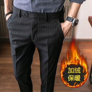 冬款薄绒西裤条纹修身休闲裤男裤 K909加绒-P75灰色（118）图片