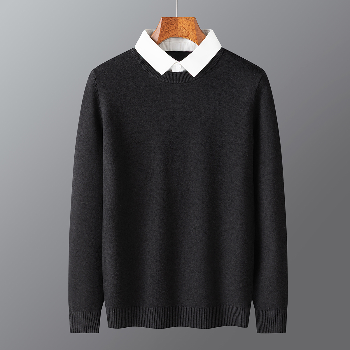 2025秋冬假两件衬衫领套头毛衣黑色Y238-P60一口价（98），男装针织衫/毛衣，电商A159