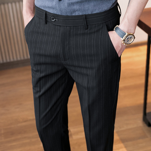 春夏韩版条纹9分休闲裤 修身男裤青年潮K732-P60黑色（98）图片