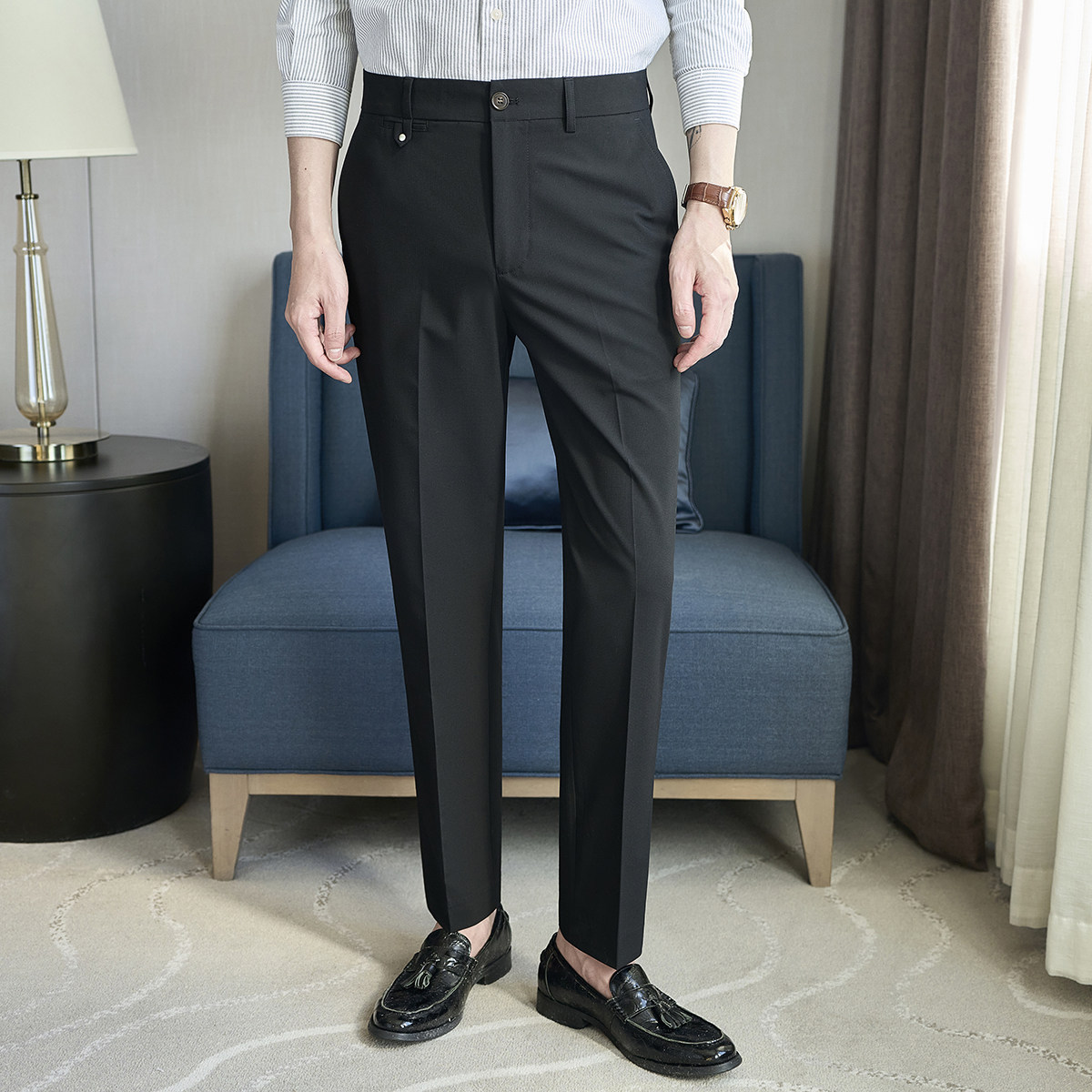 春夏小直筒西裤长裤男青年简约休闲ZK9061-P75黑色（108），男装西裤，电商A159