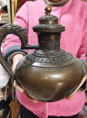 古玩收藏老包浆西藏风格超大龙头龙把铜水壶茶壶客厅装饰摆件