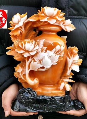 仿福建寿山石雕石粉合成花瓶摆件荣华富贵大摆件家居摆件客厅装饰
