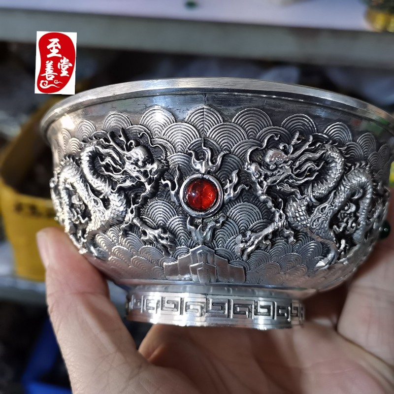 古玩收藏老包浆双龙戏珠铜碗镶宝石工艺双鱼碗客厅装饰摆件,家居饰品,装饰摆件,淘宝优惠券,粉丝福利购,淘宝优惠卷