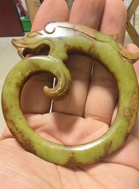 古玩收藏仿古玉老玉岫玉石雕带皮龙吊坠玉牌子