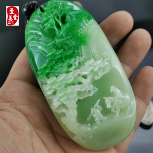 玉石粉新坑翡翠色石英岩质玉山水人物手把件锦绣前程送把件绳随机
