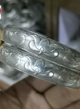 古玩收藏仿古白铜镀银荷叶鸳鸯银手镯老银开口手镯