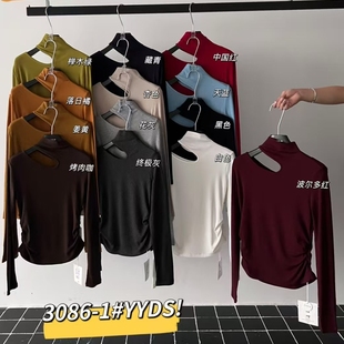 元 加绒T恤褶皱设计感显瘦打底上衣女 熙YUANXI秋冬半高领镂空长袖