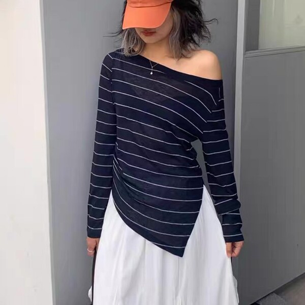 one seven夏季新款韩系条纹一字肩长袖T恤女宽松显瘦防晒休闲上衣