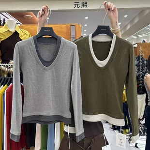 加绒加厚U领撞色假两件打底长袖 新款 T恤上衣潮 熙秋冬韩版 yuanxi元