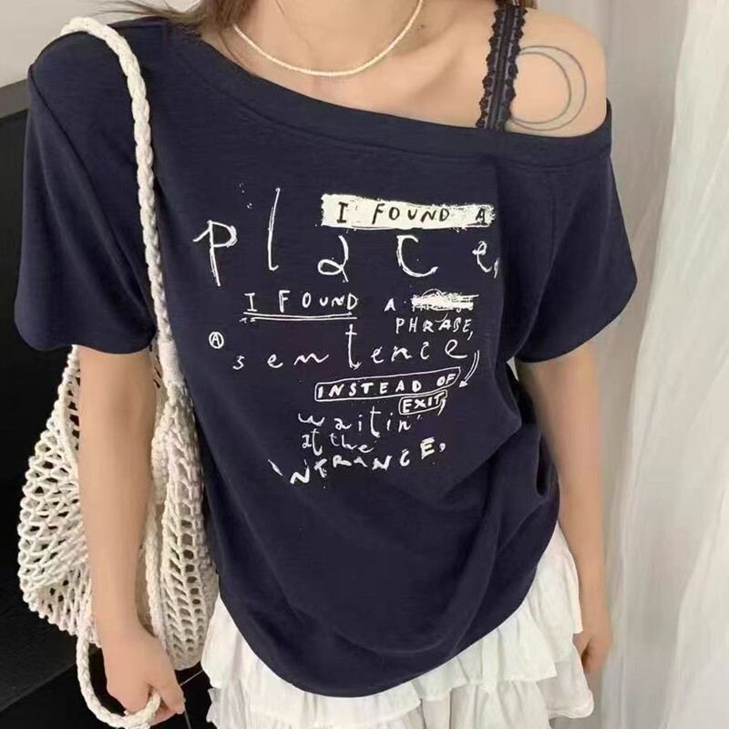 Y-LIFANG夏季新款 欧货洋气蕾丝斜领漏肩印花字母宽松显瘦T恤女潮