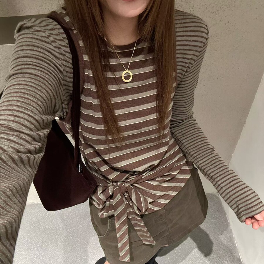 长袖欧货条纹假两件绑带棉女