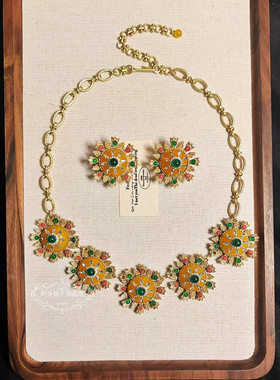 欧美宫廷中古vintage复古气质做旧天然石玛瑙闪钻项链耳环套装女